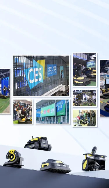 CES trade show collage featuring yellow and black robotic vacuum cleaners, event signage, and attendees at booths.