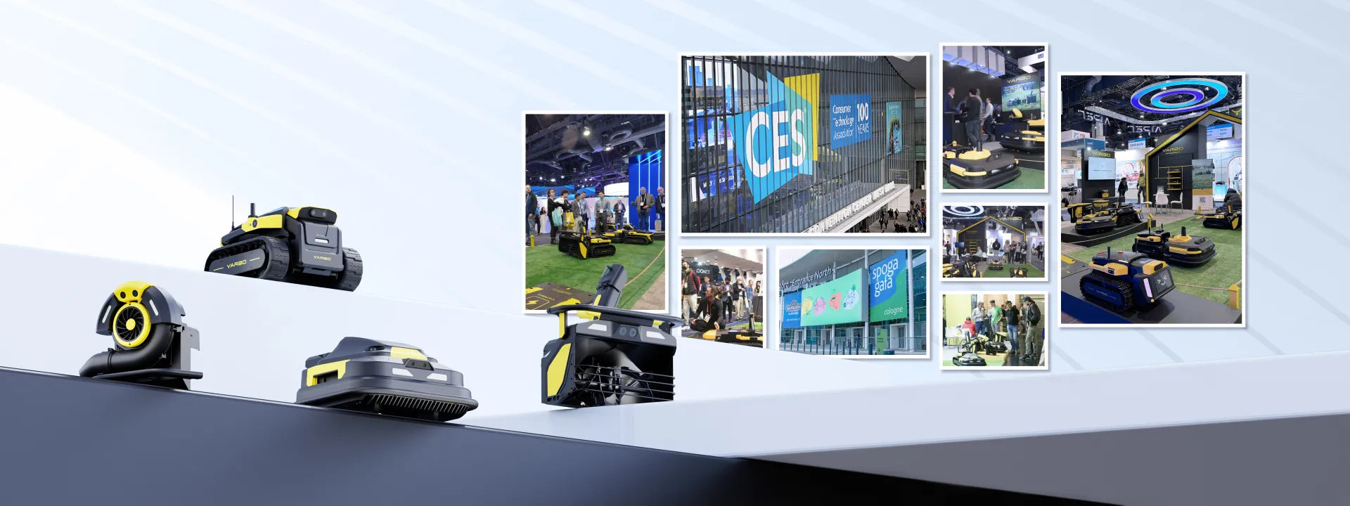 Yellow and black YARBO robotic lawn mowers displayed at CES and Spoga Gafa trade shows, with attendees interacting at booths.