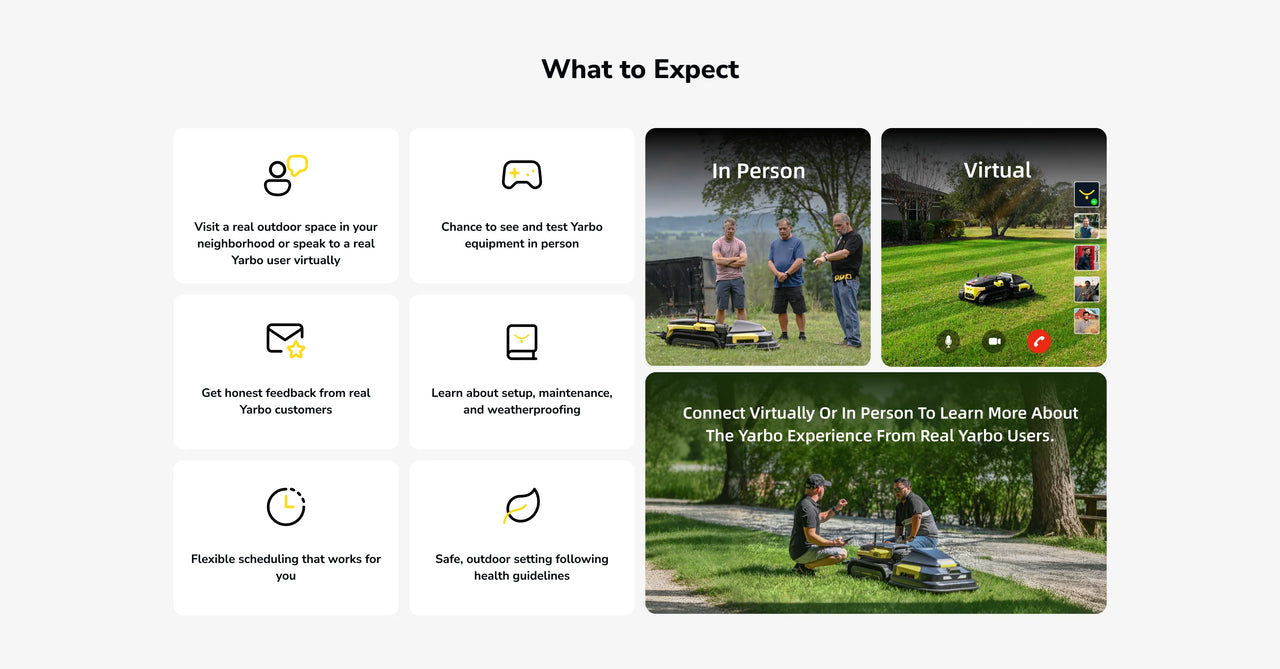 What to Expect: In-person and virtual Yarbo lawn mower demos with real users, setup tips, and flexible scheduling.