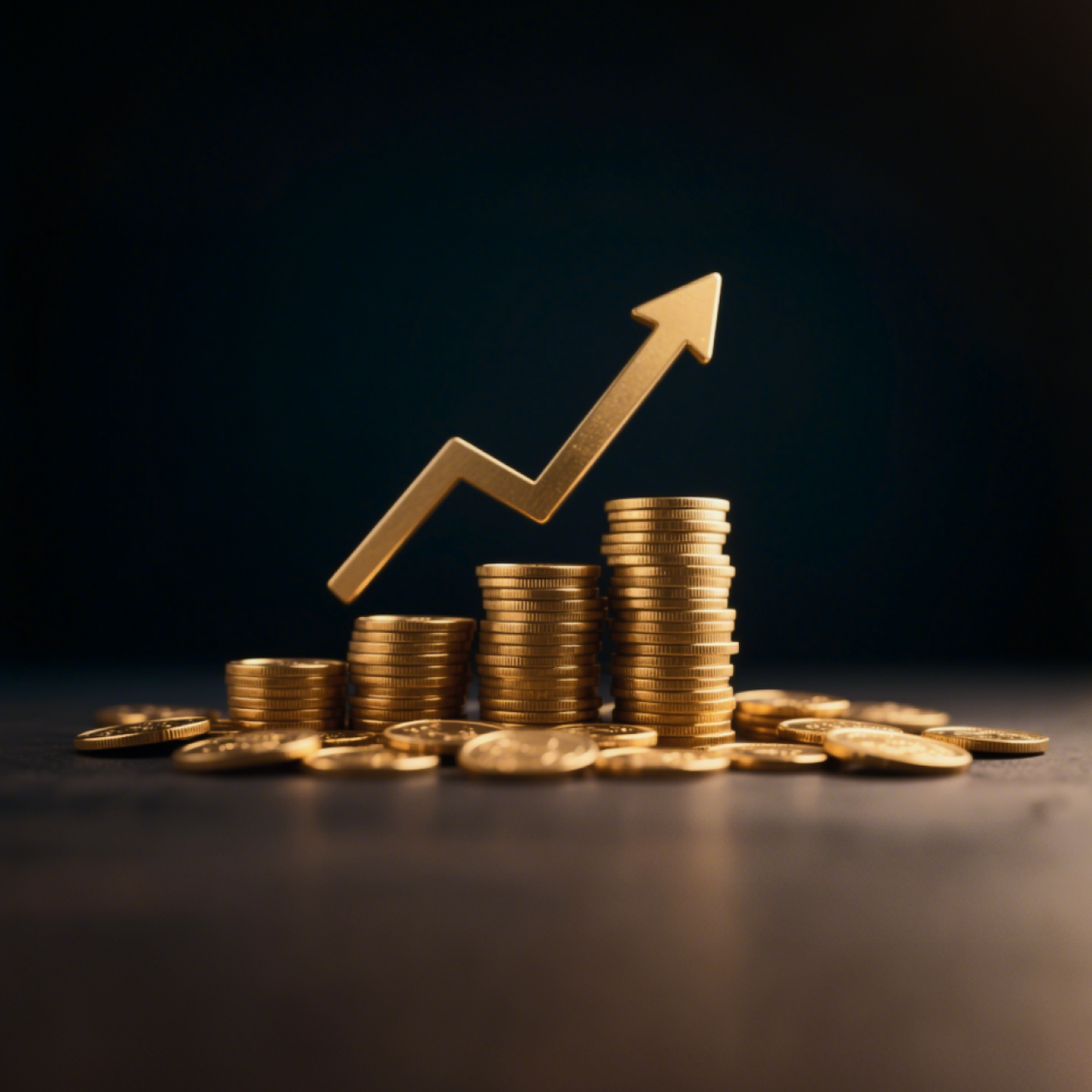 Golden coins stacked in ascending order with a rising arrow, symbolizing financial growth on a dark background.