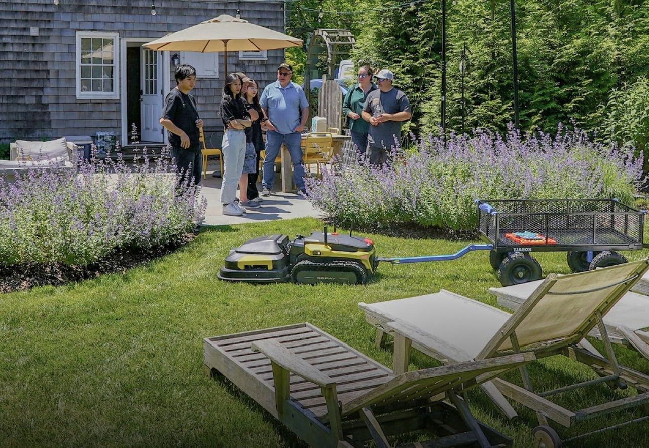 Group gathers in sunny backyard with purple flowers, lawn chairs, and a yellow-green robotic mower on grass.