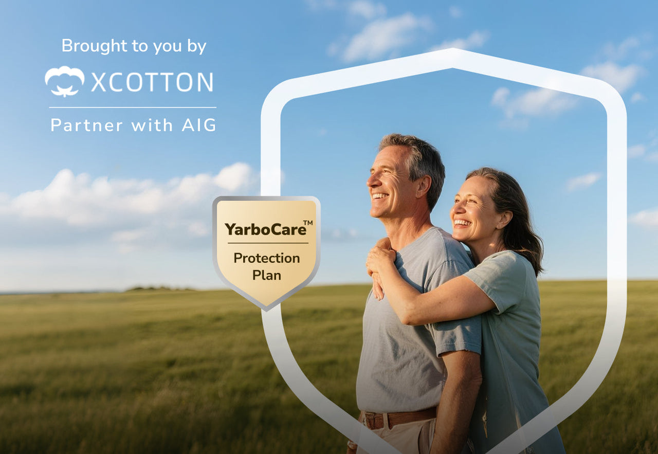 Smiling couple embracing in a sunny field, framed by a white shield with "YarboCare Protection Plan" logo; text "Brought to you by XCOTTON, Partner with AIG" in top left.