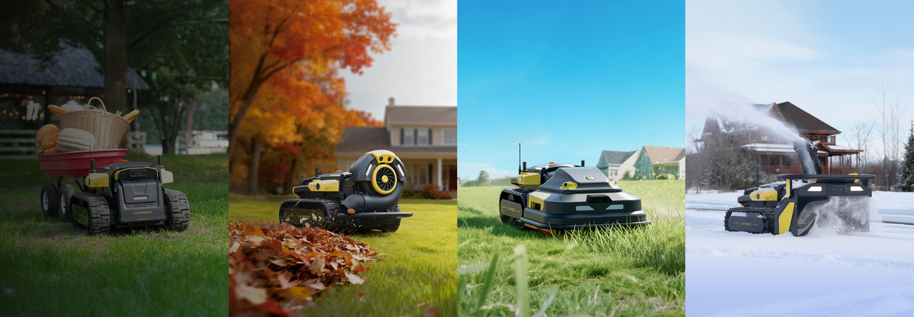 Four-season YARBO robot in action: hauling goods, blowing leaves, mowing grass, and clearing snow.