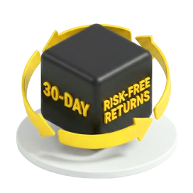 Black cube with "30-DAY RISK-FREE RETURNS" in yellow text, encircled by yellow arrows on a white base.