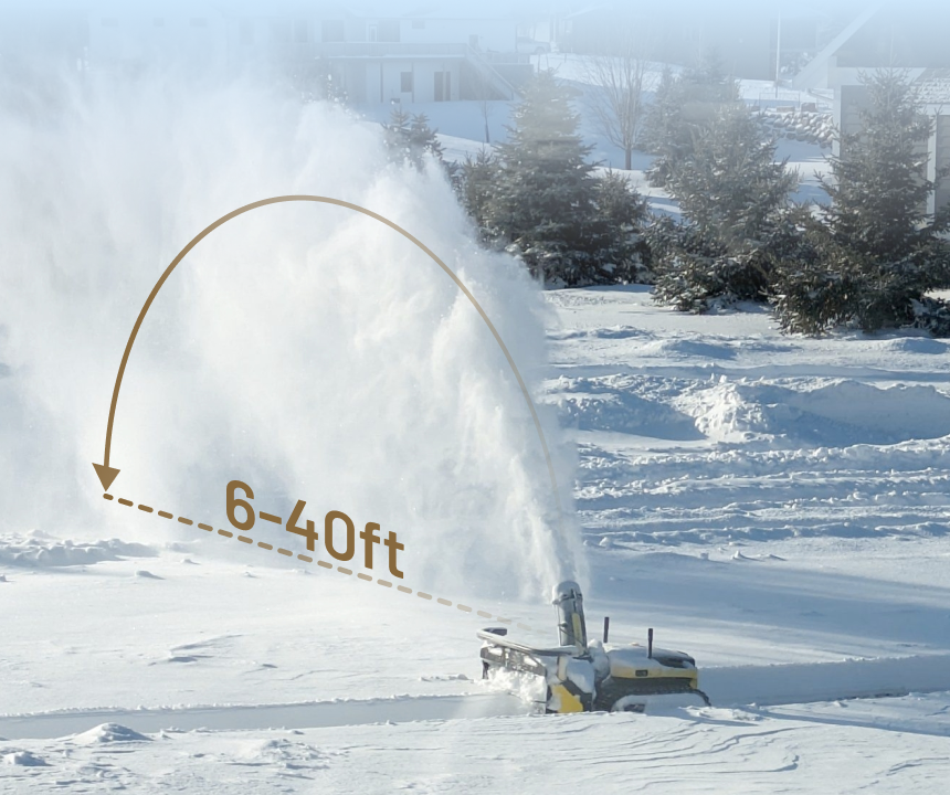 Snow-making machine spraying snow in arc, 6-40ft range, on snowy landscape with trees and houses in background.