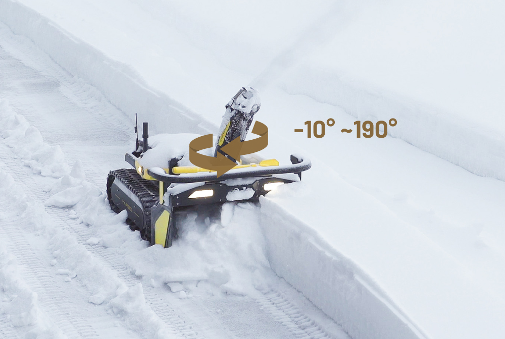 Yellow and black tracked snow-clearing robot plowing snow, with rotating blade and "-10° ~190°" angle indicator.
