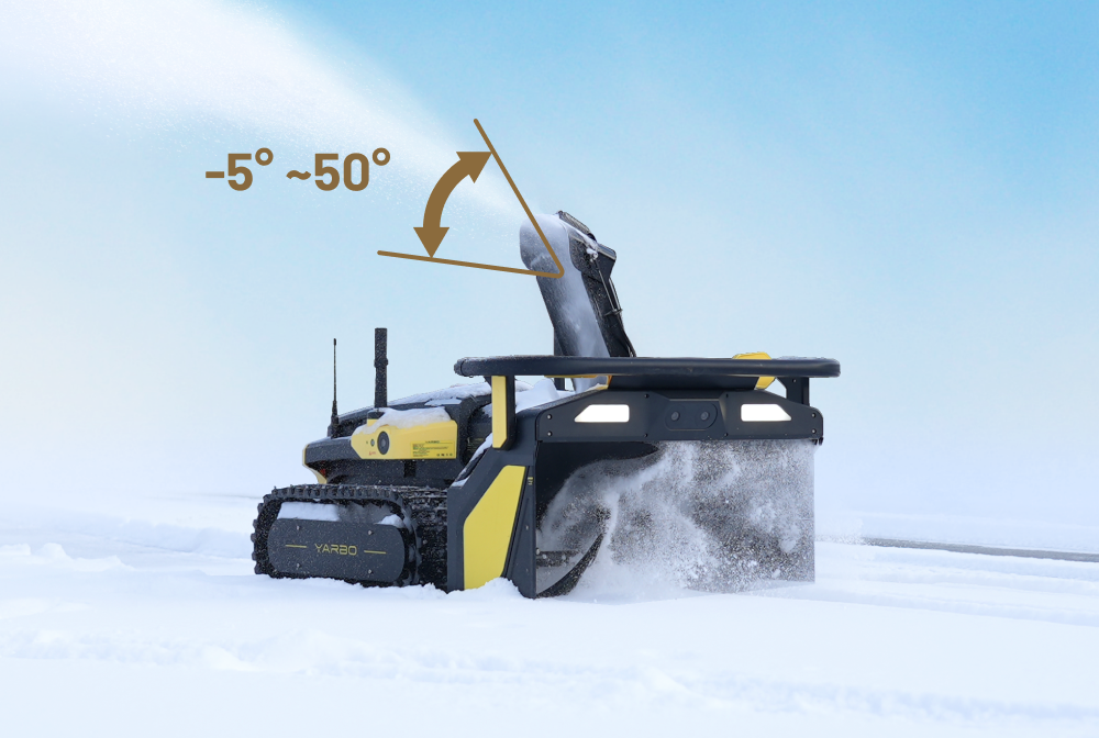 Yellow and black YARBO snow blower clearing snow with adjustable chute, -5° to 50° angle, on snowy ground under bright sky.