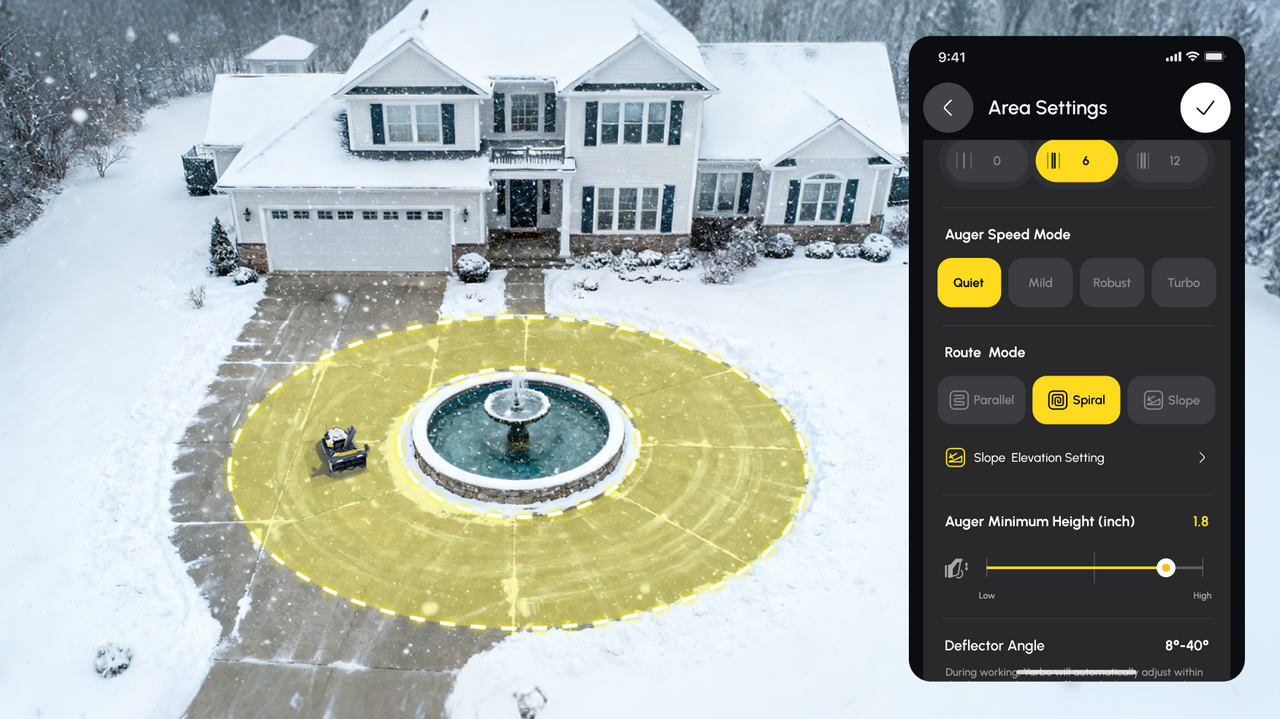 Robot snow plow clears circular patio around fountain in snowy yard, app settings shown on right.