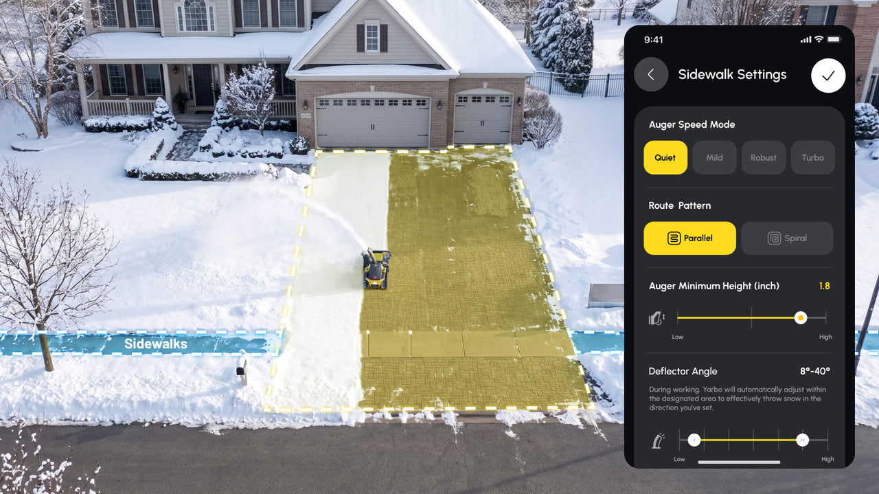 Robotic snow blower clears driveway; app shows sidewalk settings, quiet mode, parallel pattern, 1.8-inch height, 8°-40° deflector angle.