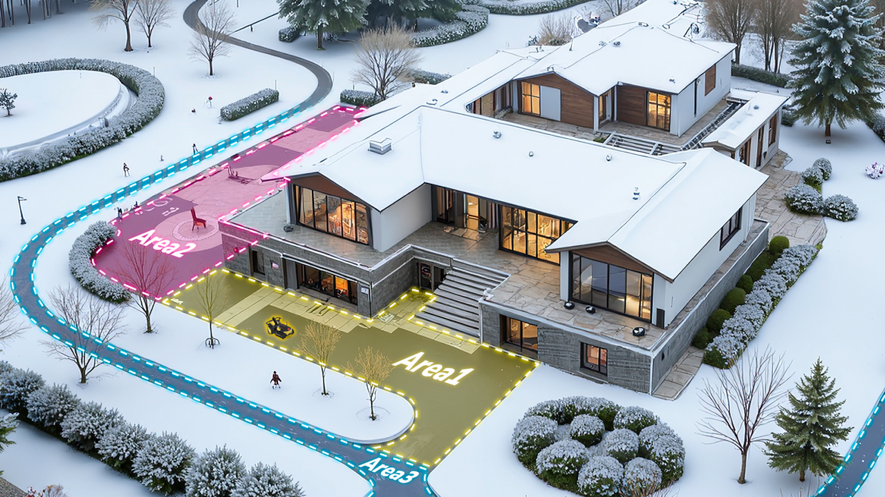 Modern snow-covered house with glowing neon-lit zones labeled Area1, Area2, Area3, surrounded by winter landscape.