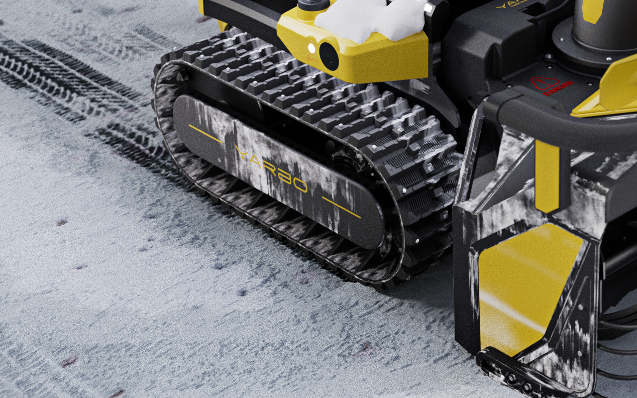 Close-up of black and yellow YARBO tracked robot on snowy ground, showing treads and sensor, with "YARBO" text on side.