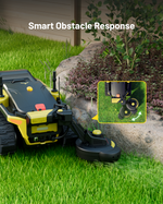 Yellow and black trimmer module with rotating cutting head, attached to robotic lawn mower, shown in grass near rock and shrubs, side view with inset close-up of obstacle response mechanism.