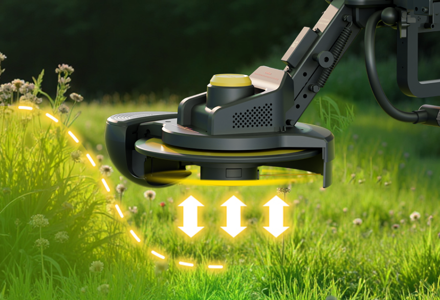 Robotic lawn mower with yellow accents trimming green grass, glowing arrows indicate cutting motion, lush field background.