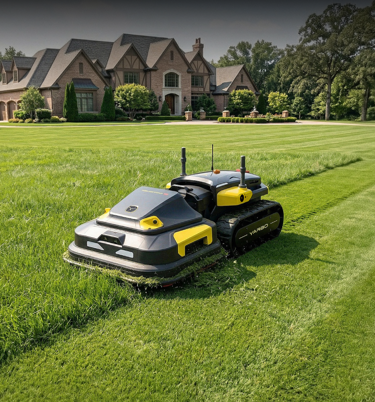 Two gray and yellow robotic mowers on a lush green lawn in front of a large brick house with trees and shrubs.