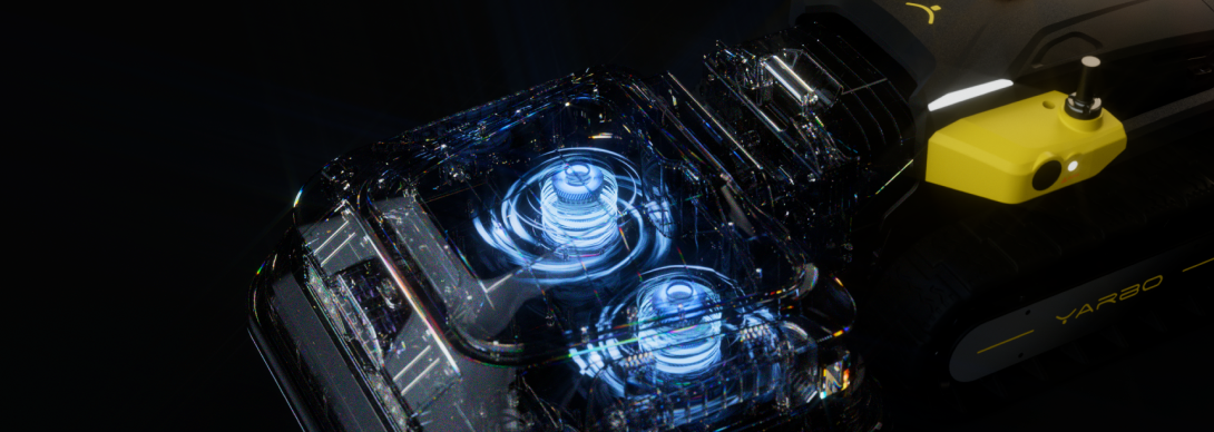 Futuristic black and yellow robot with transparent top revealing glowing blue internal coils, labeled "YARBO" on side.