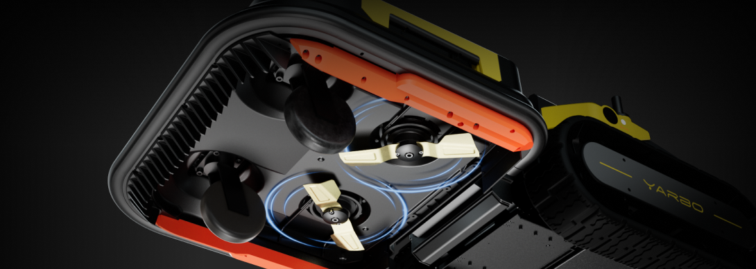 Close-up of YARBO robotic device with orange, black, and yellow components, showing internal fans and blue airflow lines against dark background.