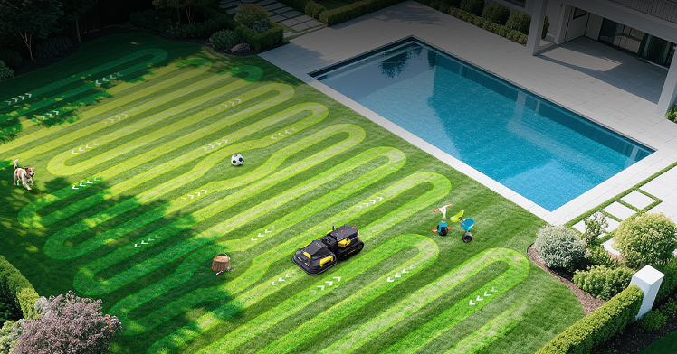 Aerial view of a lush green lawn with striped mowing patterns, a robotic mower, soccer ball, and pool beside a modern house.