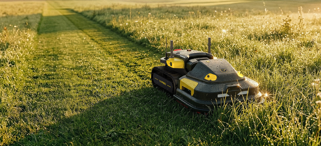 Black and yellow YARBO robotic lawn mower on dewy grass in golden morning light.