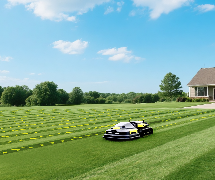 Black and yellow robotic lawn mower on a striped green lawn under a blue sky, near a house with trees in the background.