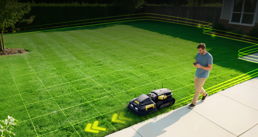 Man on sidewalk checks phone as robotic lawnmower cuts grass in grid pattern, glowing green lines map yard boundaries.