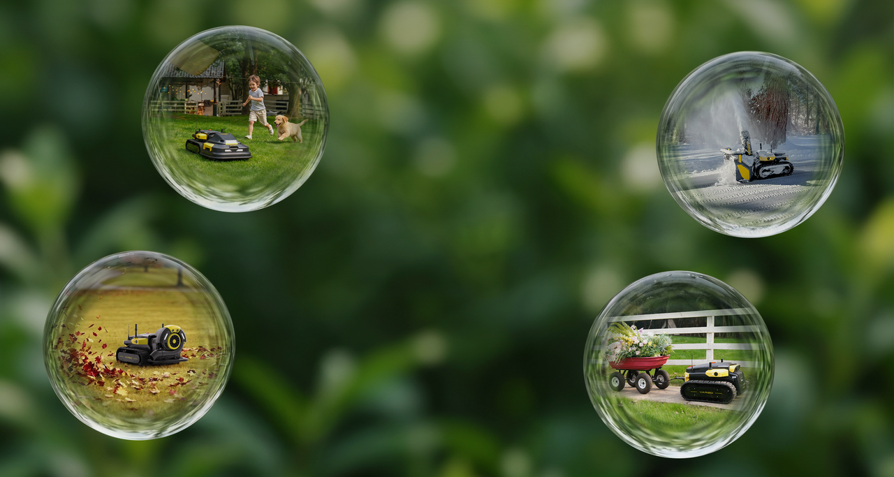 Four clear bubbles show a yellow and black robotic lawn mower in different garden scenes: mowing grass with a child and dog, snow plowing, leaf clearing, and pulling a flower cart.