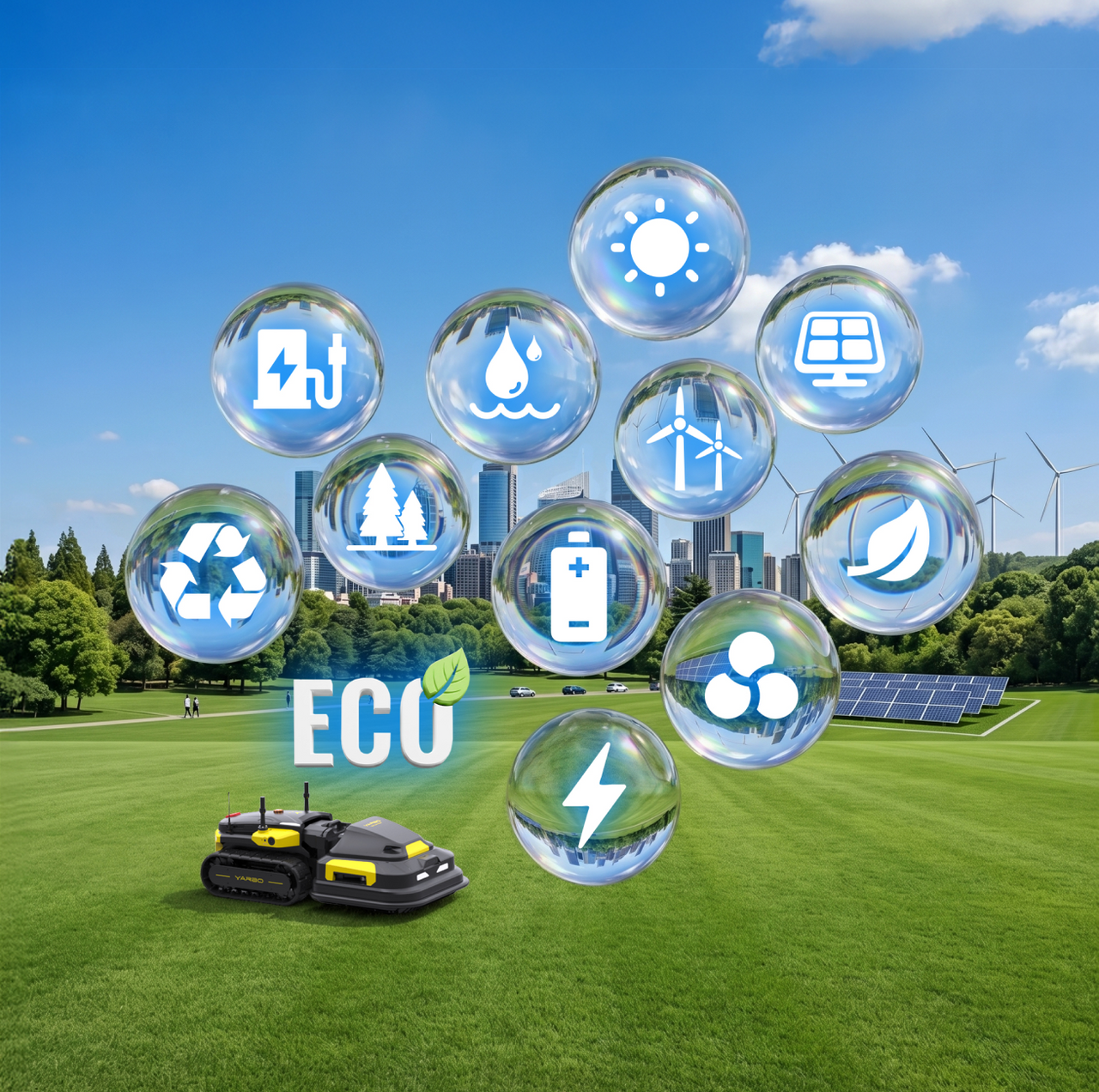 Two black and yellow robotic mowers on green grass with "ECO" text and floating bubbles showing sustainability icons, solar panels, wind turbines, and city skyline in background under blue sky.