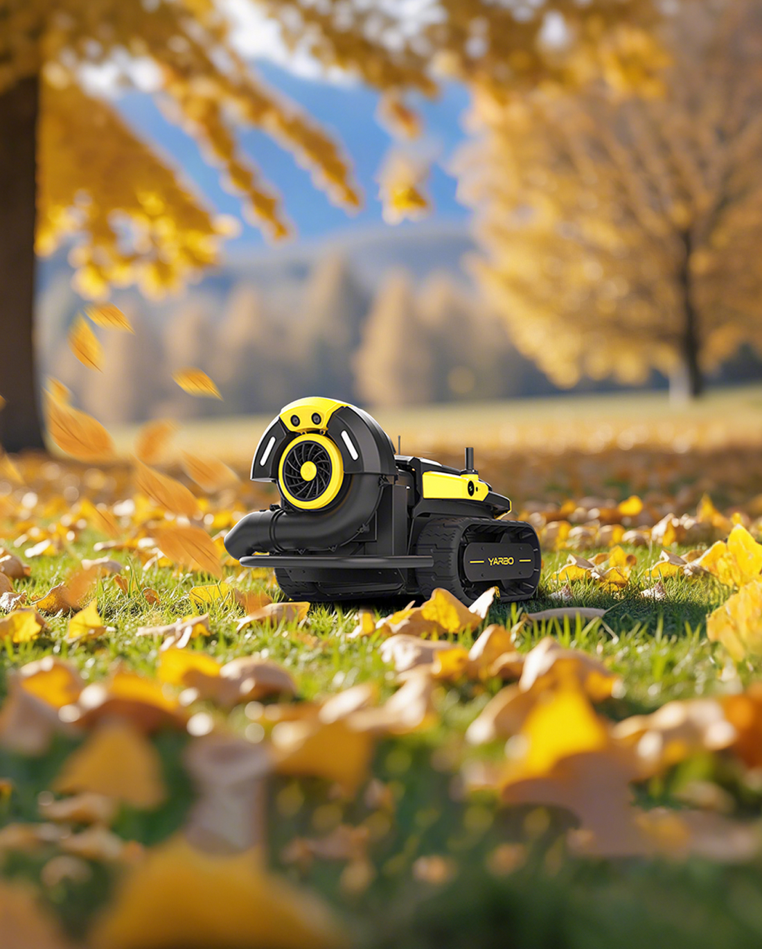 Yarbo Leaf Blower pracuje na trávniku s jesenným lístím