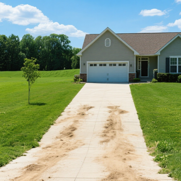 Single-story beige house with white garage, concrete driveway marked with muddy tire tracks, green lawn, blue sky with clouds.