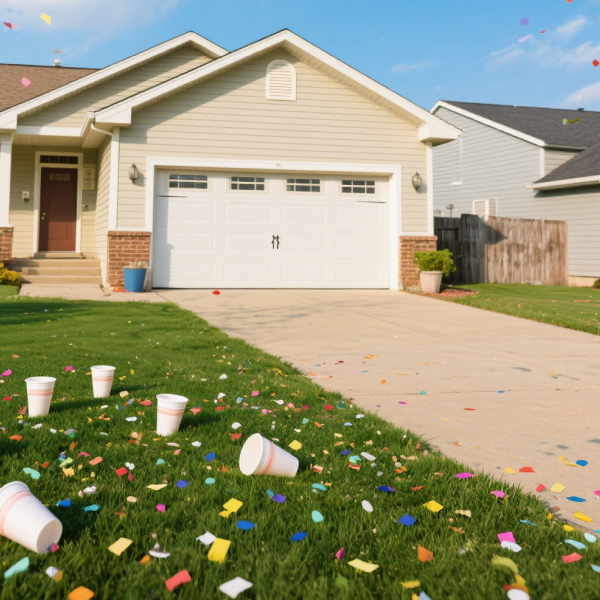 Beige suburban house with white garage, colorful confetti and plastic cups scattered on green lawn and driveway, bright sunny day.