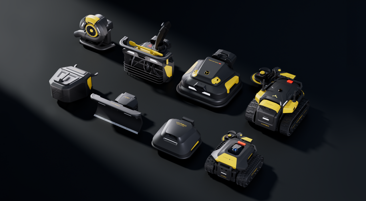 Eight black and yellow YARBO robotic units arranged on a dark surface, featuring various attachments and designs for different tasks.