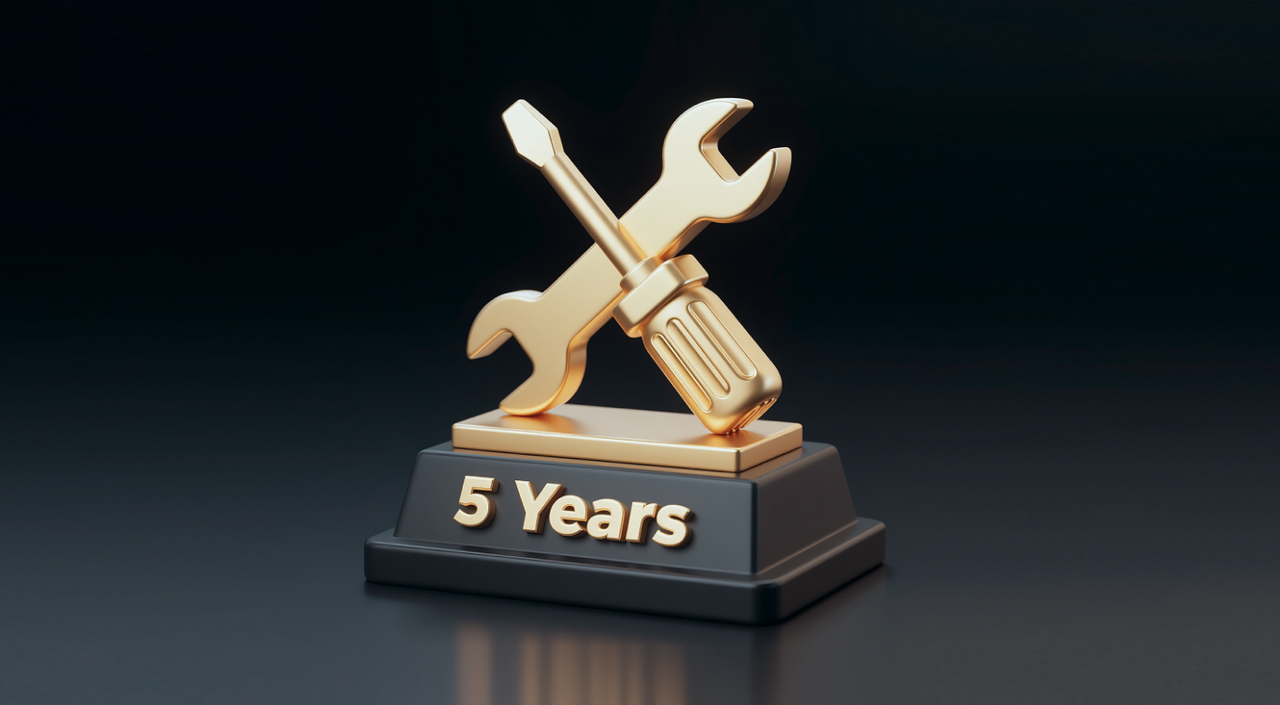 Golden trophy with crossed wrench and screwdriver on black base labeled "5 Years" in gold text.