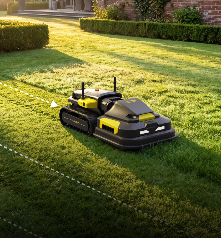 Black and yellow YARD robot mower on green lawn, tracks cutting path, sunlight, hedge background.