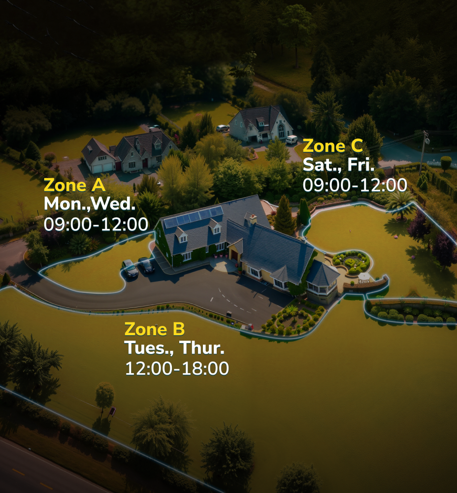 Aerial view of suburban homes divided into three zones with scheduled service times: Zone A (Mon, Wed 9–12), Zone B (Tues, Thur 12–6), Zone C (Sat, Fri 9–12).
