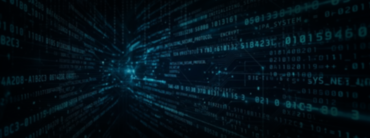 Dark blue digital tunnel with glowing binary code, circuit lines, and tech text flowing toward center.