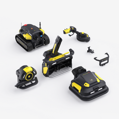 Black and yellow robotic cleaning devices arranged on white background, including tank-style, circular, and rectangular models with visible brand logos.