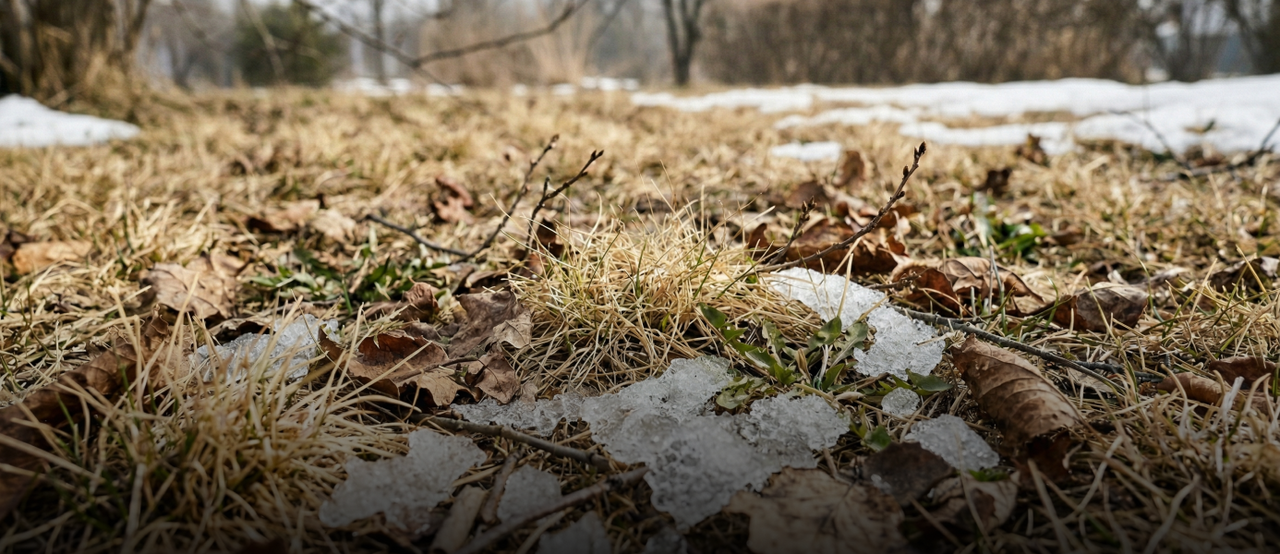 Melting snow patches on dry grass and brown leaves, with green shoots emerging, bare trees in background.
