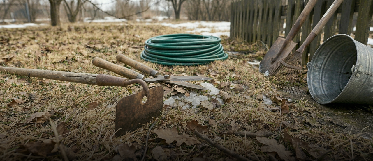 Rusty garden tools, green hose, and metal bucket lie on dry grass with patches of snow, near a wooden fence.