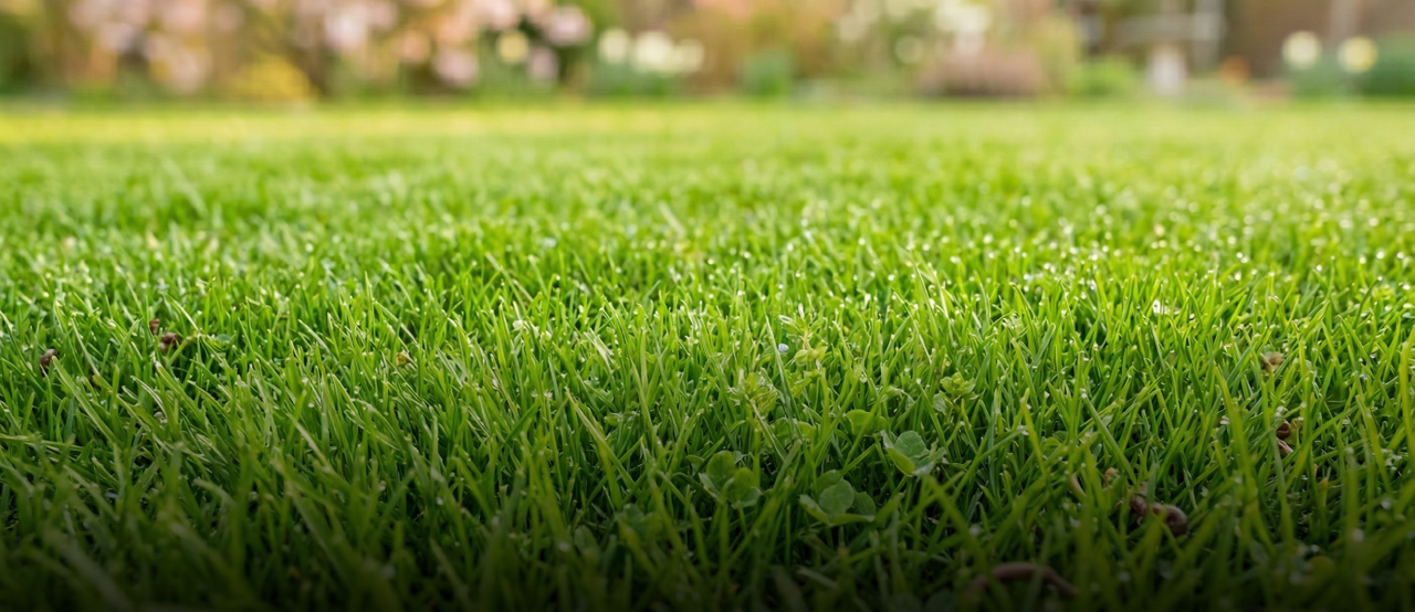 Lush green grass with dew drops, close-up foreground, blurred garden background, soft natural lighting.