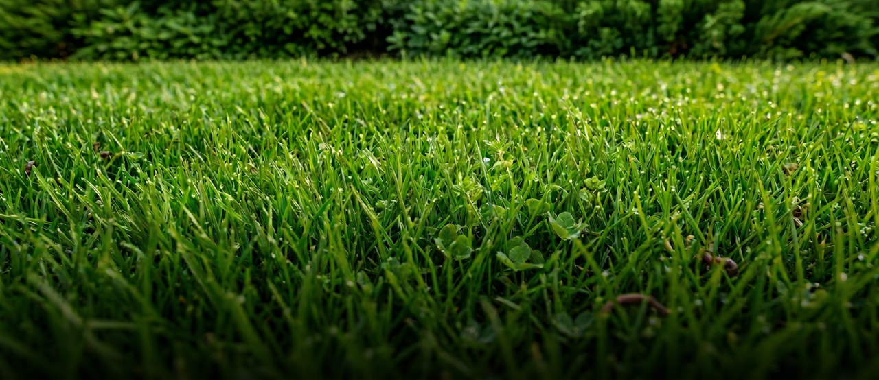 Lush green grass with clover and dew drops, dense foreground, blurred green hedge background, natural daylight.