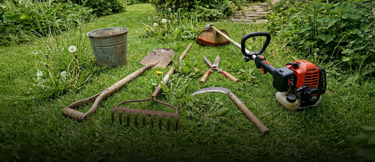 Garden tools on grass: shovel, rake, shears, hoe, trimmer, and bucket, surrounded by greenery and dandelions.