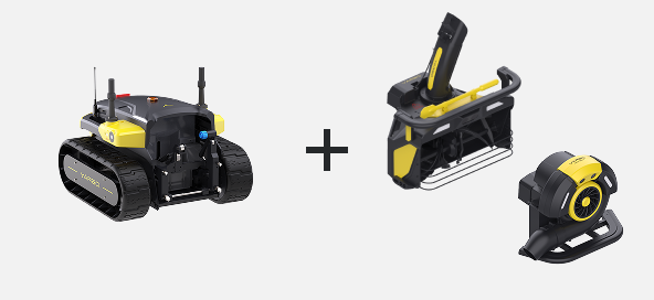 Black and yellow remote-controlled robot with tank treads, plus two accessories: a basket and a circular sensor device.