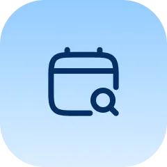 Blue rounded square icon with calendar and magnifying glass, symbolizing date search or event lookup.