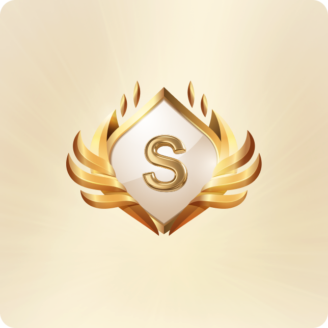 Golden shield emblem with bold "S" centered, flanked by flame-like wings, radiant glow on cream background.