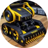 Black and yellow robot tank with tracks, "YARBO" branding, on wooden surface.