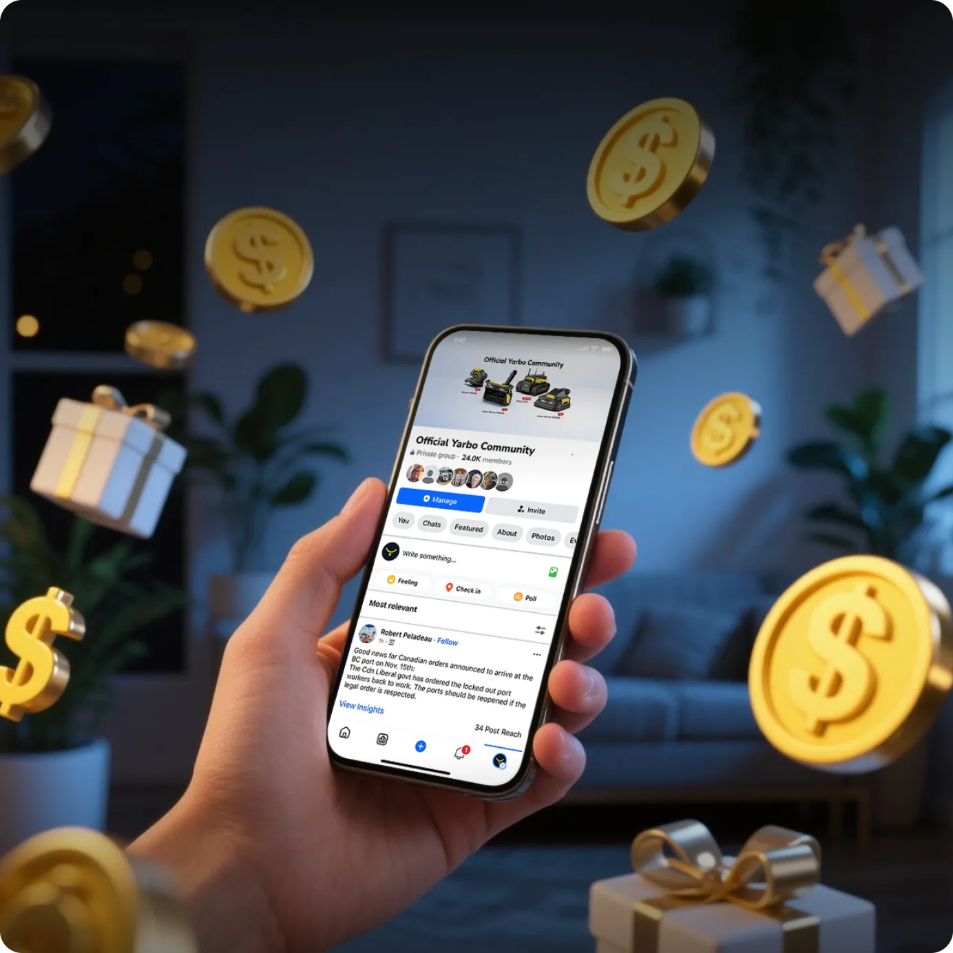 Hand holds smartphone displaying "Official Yarbo Community" app with floating gold coins and gift boxes in cozy, dimly lit room.