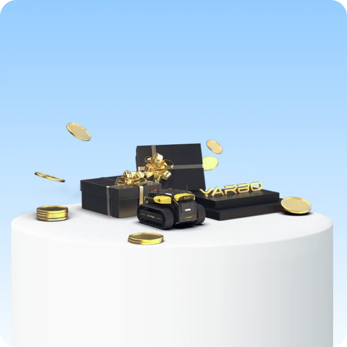 Black gift boxes with gold bows, gold coins, and a small black robot on a white pedestal against a light blue background. "YABOO" in gold letters.