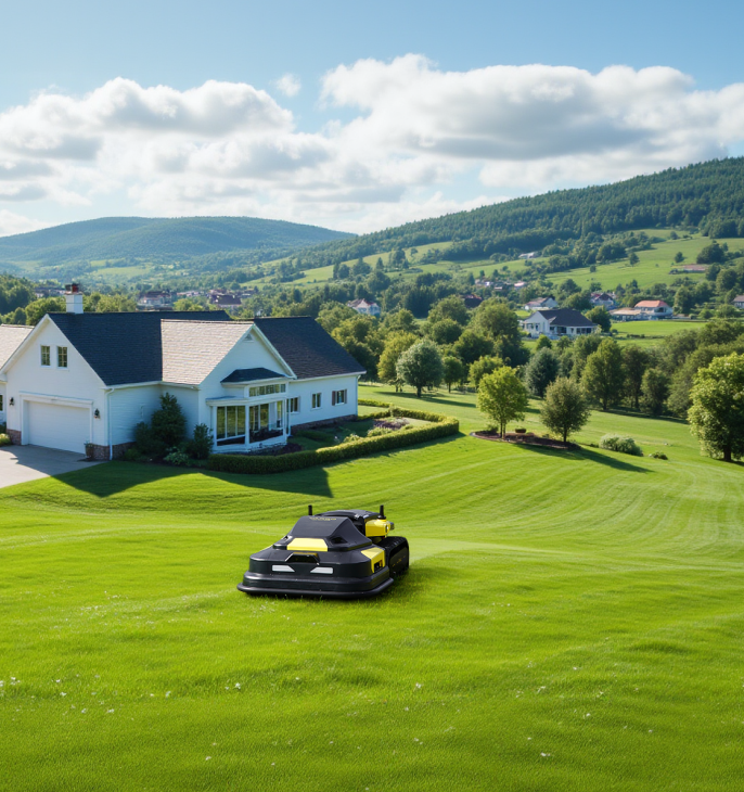 Black and yellow robotic lawn mower on vibrant green lawn in front of white suburban home with rolling hills and trees in background under partly cloudy sky.