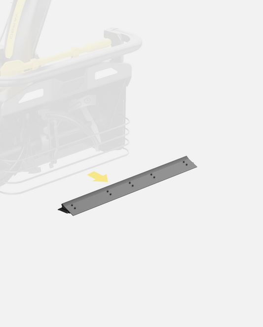 Gray metal scraper bar with bolt holes, angled view, for Y Series equipment, shown with yellow arrow pointing to attachment point on machine.