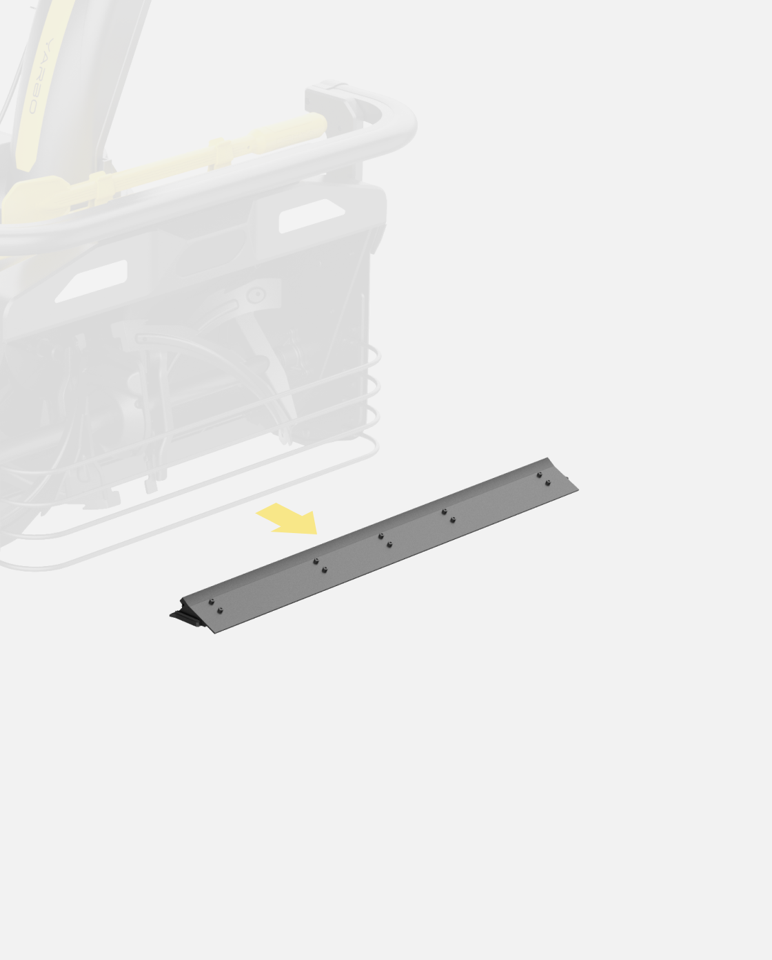 Gray metal scraper bar with bolt holes, angled view, for Y Series equipment, shown with yellow arrow pointing to attachment point on machine.