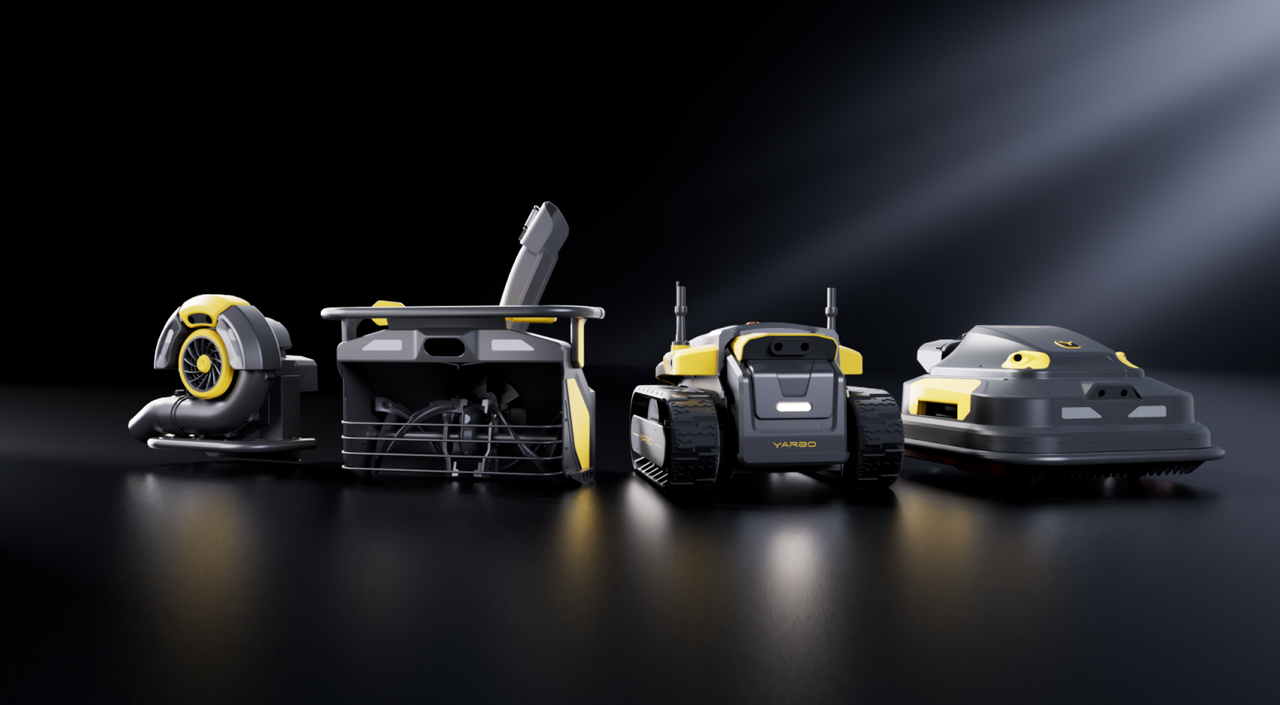 Four gray and yellow YARBO robots in a row on a dark reflective surface, showcasing different designs and functions under dramatic lighting.